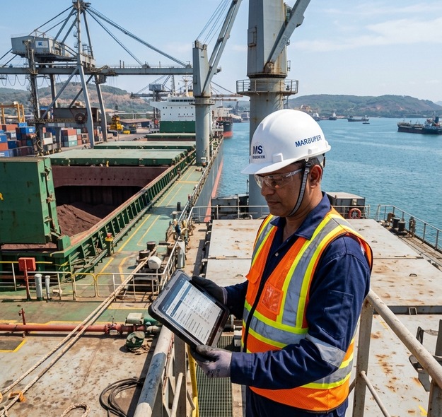 Marine technical superintendent supervising bulk chemical delivery on vessel deck