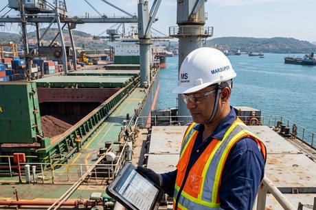 Marine engineer supervising deck chemical delivery