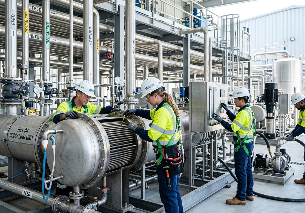 Marine boiler chemical descaling unit connected to cooling lines