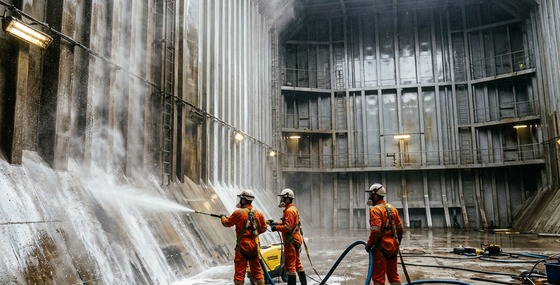 Marine cargo hold cleaning and chemical washdown on bulk carrier vessel