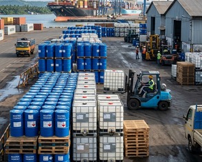 Bulk chemical storage warehouse with drums and IBC containers for export