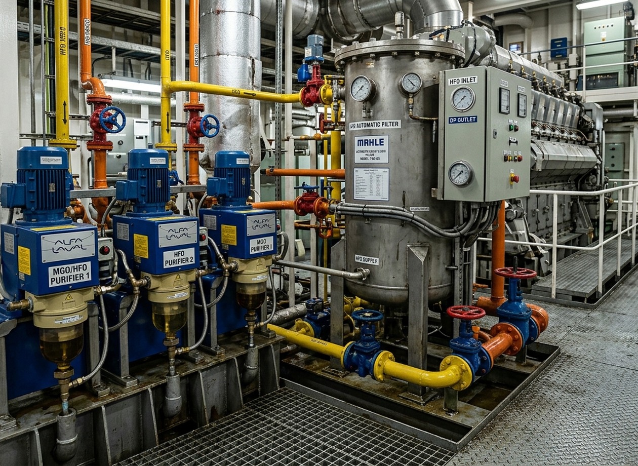 Marine engine room fuel oil separators and chemical maintenance systems