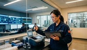Chemical analyst performing spectrometry testing in QA laboratory