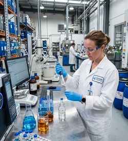 Chemist performing titration analysis on chemical batch samples