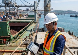Marine superintendent supervising chemical delivery at port