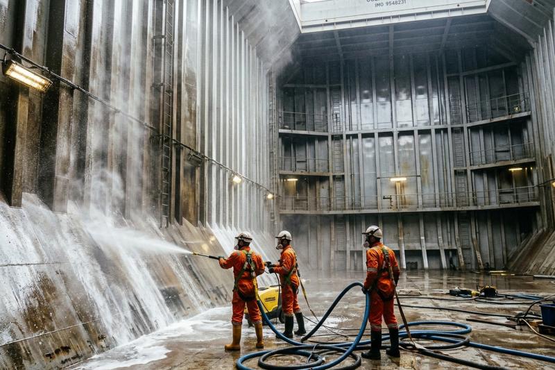 Cargo hold barrier coating and chemical cleaning application on bulk carriers