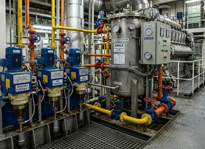 Marine engine room fuel oil separators and chemical maintenance systems